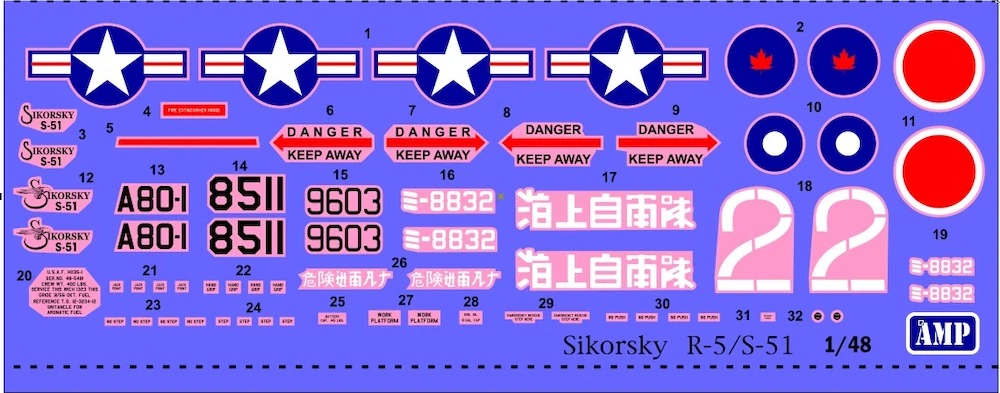 AMP 1/48 Sikorsky R-5/S-51  USAF rescue, víceúčelový vrtulník z druhé světové války a poválečného období.